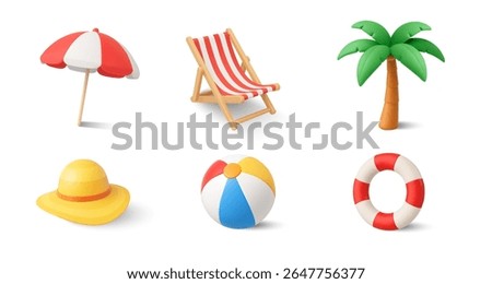 3d hello summer icons collection, isolated on white background. Beach chair with coconut or palm tree, life buoy and beach ball, beach hat icon in 3d vector