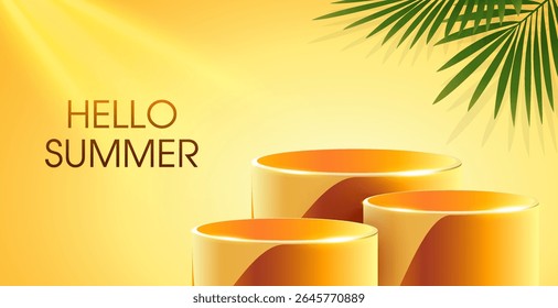 3d Hello summer podium banner template with palm leaf effect, isolated on background. Summer sale product display stage background in 3d vector