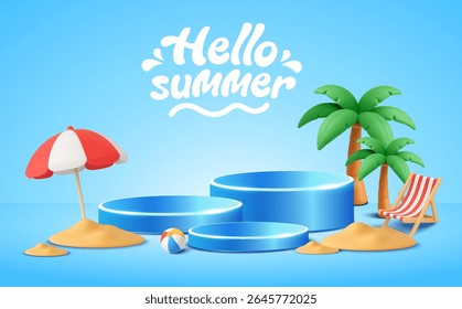3d Hello summer podium banner template with palm tree, beach chair, umbrella and beach ball, isolated on background. Summer sale product display stage background in 3d vector