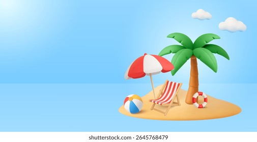 3d hello summer travel background with palm tree, beach chair and umbrella, beach ball and life buoy on sand, isolated on background.