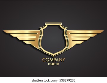 3d heraldic shield and wings logo / gold emblem