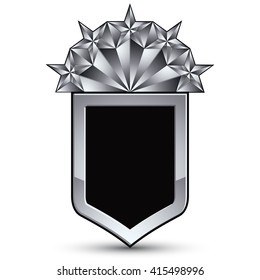 3d heraldic vector template with five pentagonal silver stars, complicated dimensional royal geometric medallion isolated on white background.