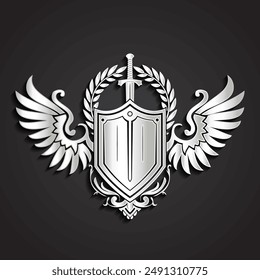 3d heraldry logo escudo alado con espada y corona de laurel, signo ornamental de plata
