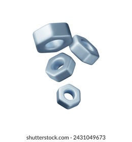 3D Hex Nuts Screw Pile Isolated on White. Render Nut in Various Angles Heap. Washer Nut Icon. Service, Construction Building Maintenance. Mechanical Engineering Workshop. Vector Illustration