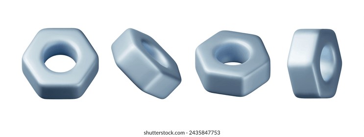 3D Hex Nuts Screw Set Isolated on White. Render Nut in Various Angles Collection. Washer Nut Icon. Service, Construction Building Maintenance. Mechanical Engineering Workshop. Vector Illustration