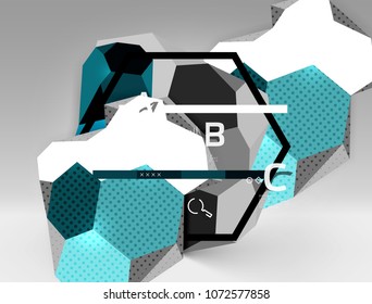 3d hexagon geometric composition, geometric digital abstract background. Techno or business presentation template with sample options. Vector illustration