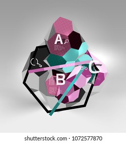 3d hexagon geometric composition, geometric digital abstract background. Techno or business presentation template with sample options. Vector illustration