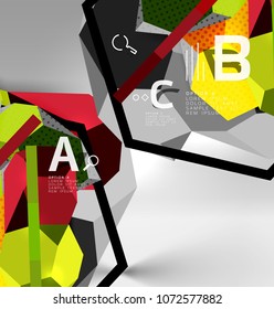 3d hexagon geometric composition, geometric digital abstract background. Techno or business presentation template with sample options. Vector illustration