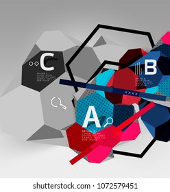 3D-hexagon-geometrische Zusammensetzung, geometrischer abstrakter digitaler Hintergrund. Vorlage für Techno- oder Geschäftspräsentation mit Beispieloptionen. Vektorgrafik