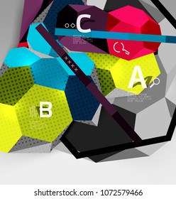 3d hexagon geometric composition, geometric digital abstract background. Techno or business presentation template with sample options. Vector illustration