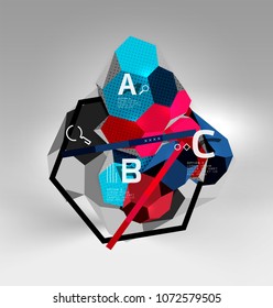 3d hexagon geometric composition, geometric digital abstract background. Techno or business presentation template with sample options. Vector illustration
