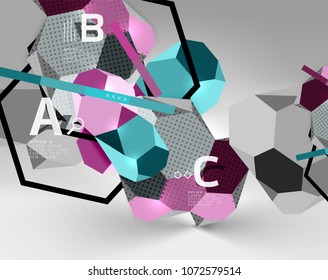 3d hexagon geometric composition, geometric digital abstract background. Techno or business presentation template with sample options. Vector illustration