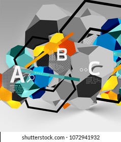 3d hexagon geometric composition, geometric digital abstract background. Techno or business presentation template with sample options. Vector illustration
