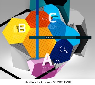 3d hexagon geometric composition, geometric digital abstract background. Techno or business presentation template with sample options. Vector illustration