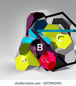 3d hexagon geometric composition, geometric digital abstract background. Techno or business presentation template with sample options. Vector illustration
