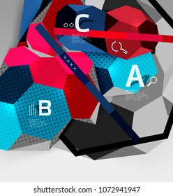 Composición geométrica hexagonal 3d, fondo abstracto digital geométrico. Plantilla de presentación técnica o empresarial con opciones de ejemplo. Ilustración del vector