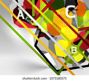 Composición geométrica hexagonal 3d, fondo abstracto digital geométrico. Plantilla de presentación técnica o empresarial con opciones de ejemplo. Ilustración del vector