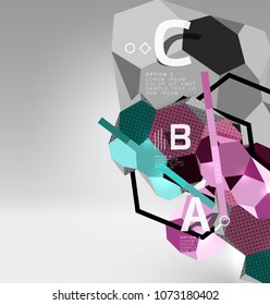 3d hexagon geometric composition, geometric digital abstract background. Techno or business presentation template with sample options. Vector illustration