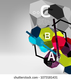 3d hexagon geometric composition, geometric digital abstract background. Techno or business presentation template with sample options. Vector illustration