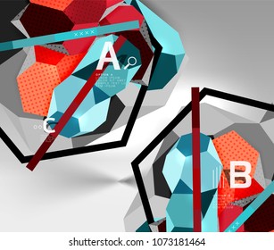 3d hexagon geometric composition, geometric digital abstract background. Techno or business presentation template with sample options. Vector illustration