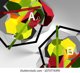 3d hexagon geometric composition, geometric digital abstract background. Techno or business presentation template with sample options. Vector illustration