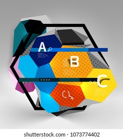 3d hexagon geometric composition, geometric digital abstract background. Techno or business presentation template with sample options. Vector illustration