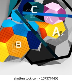 3d hexagon geometric composition, geometric digital abstract background. Techno or business presentation template with sample options. Vector illustration