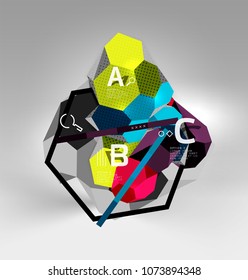 3d hexagon geometric composition, geometric digital abstract background. Techno or business presentation template with sample options. Vector illustration