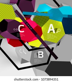 Composición geométrica hexagonal 3d, fondo abstracto digital geométrico. Plantilla de presentación técnica o empresarial con opciones de ejemplo. Ilustración del vector