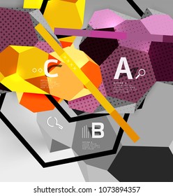 3d hexagon geometric composition, geometric digital abstract background. Techno or business presentation template with sample options. Vector illustration