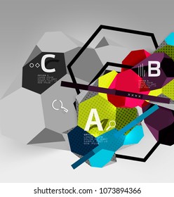 3d hexagon geometric composition, geometric digital abstract background. Techno or business presentation template with sample options. Vector illustration