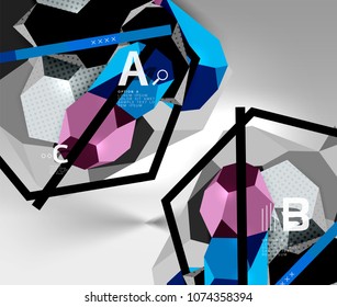 3d hexagon geometric composition, geometric digital abstract background. Techno or business presentation template with sample options. Vector illustration
