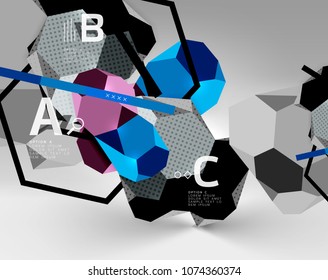 3d hexagon geometric composition, geometric digital abstract background. Techno or business presentation template with sample options. Vector illustration