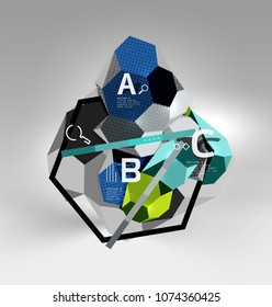 3d hexagon geometric composition, geometric digital abstract background. Techno or business presentation template with sample options. Vector illustration