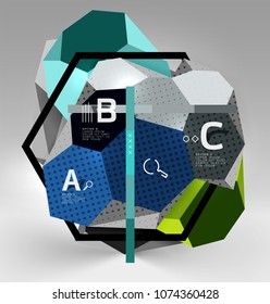 3d hexagon geometric composition, geometric digital abstract background. Techno or business presentation template with sample options. Vector illustration