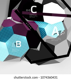 3d hexagon geometric composition, geometric digital abstract background. Techno or business presentation template with sample options. Vector illustration