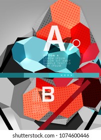 3D-hexagon-geometrische Zusammensetzung, geometrischer abstrakter digitaler Hintergrund. Vorlage für Techno- oder Geschäftspräsentation mit Beispieloptionen. Vektorgrafik
