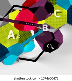 3d hexagon geometric composition, geometric digital abstract background. Techno or business presentation template with sample options. Vector illustration