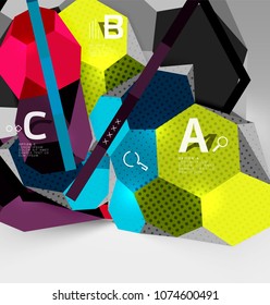 Composición geométrica hexagonal 3d, fondo abstracto digital geométrico. Plantilla de presentación técnica o empresarial con opciones de ejemplo. Ilustración del vector