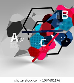 3d hexagon geometric composition, geometric digital abstract background. Techno or business presentation template with sample options. Vector illustration