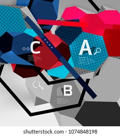 3d hexagon geometric composition, geometric digital abstract background. Techno or business presentation template with sample options. Vector illustration
