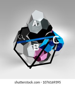 3D-hexagon-geometrische Zusammensetzung, geometrischer abstrakter digitaler Hintergrund. Vorlage für Techno- oder Geschäftspräsentation mit Beispieloptionen. Vektorgrafik