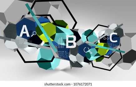 Composición geométrica hexagonal 3d, fondo abstracto digital geométrico. Plantilla de presentación técnica o empresarial con opciones de ejemplo. Ilustración del vector