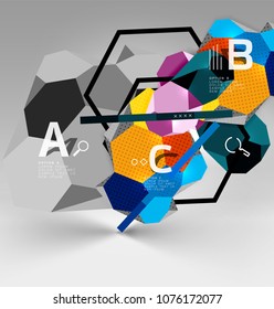 3d hexagon geometric composition, geometric digital abstract background. Techno or business presentation template with sample options. Vector illustration