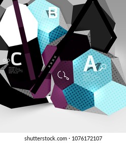 Composición geométrica hexagonal 3d, fondo abstracto digital geométrico. Plantilla de presentación técnica o empresarial con opciones de ejemplo. Ilustración del vector