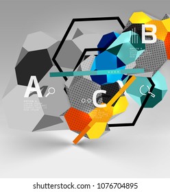 3d hexagon geometric composition, geometric digital abstract background. Techno or business presentation template with sample options. Vector illustration