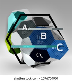 3d hexagon geometric composition, geometric digital abstract background. Techno or business presentation template with sample options. Vector illustration