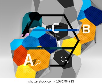3d hexagon geometric composition, geometric digital abstract background. Techno or business presentation template with sample options. Vector illustration