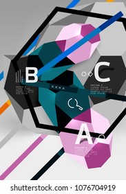 3d hexagon geometric composition, geometric digital abstract background. Techno or business presentation template with sample options. Vector illustration