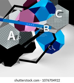 3d hexagon geometric composition, geometric digital abstract background. Techno or business presentation template with sample options. Vector illustration